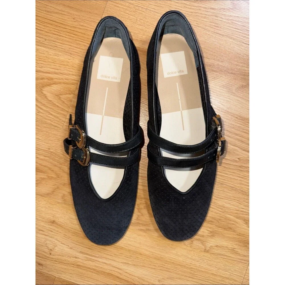 Dolce Vita Baylee Black Suede Perforated Ballet Flats Gold Buckles Size 8